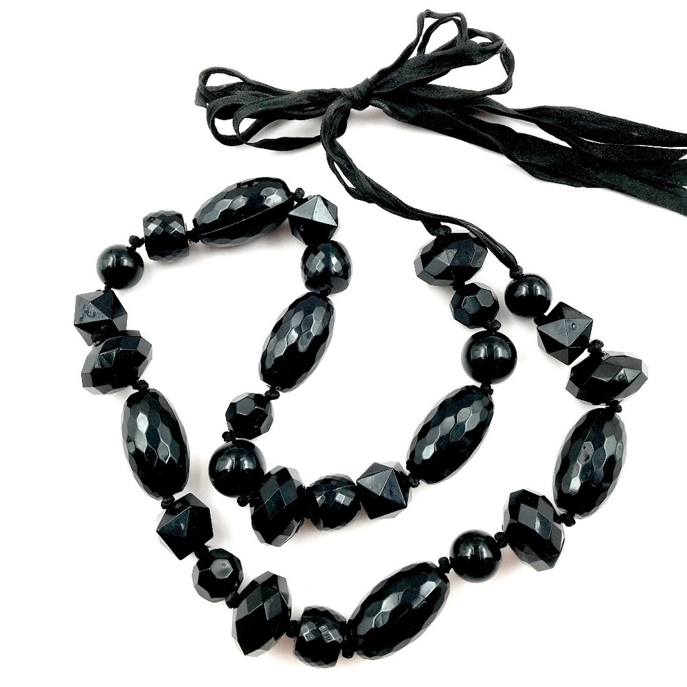 Black Beaded Necklace with Ribbon​​​
